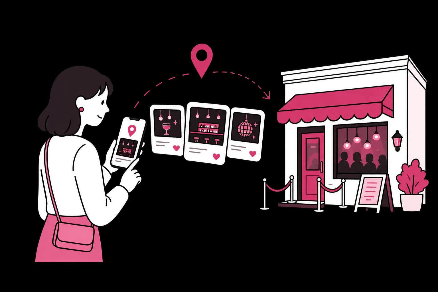 スマートフォンで近くの店舗を見つけるイラスト