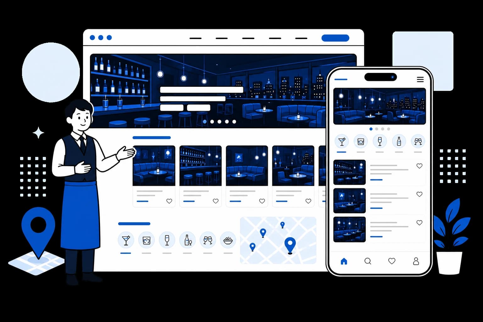 男性店舗責任者がパソコンとスマートフォンに表示されたナイトクMenの掲載ページを案内するイラスト