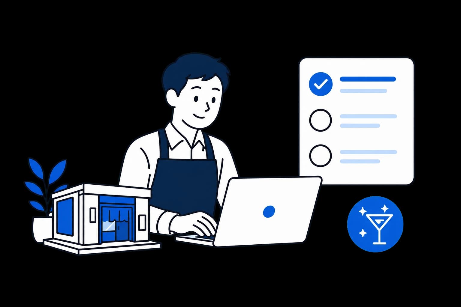 男性店舗オーナーがパソコンから無料掲載を申し込むイラスト